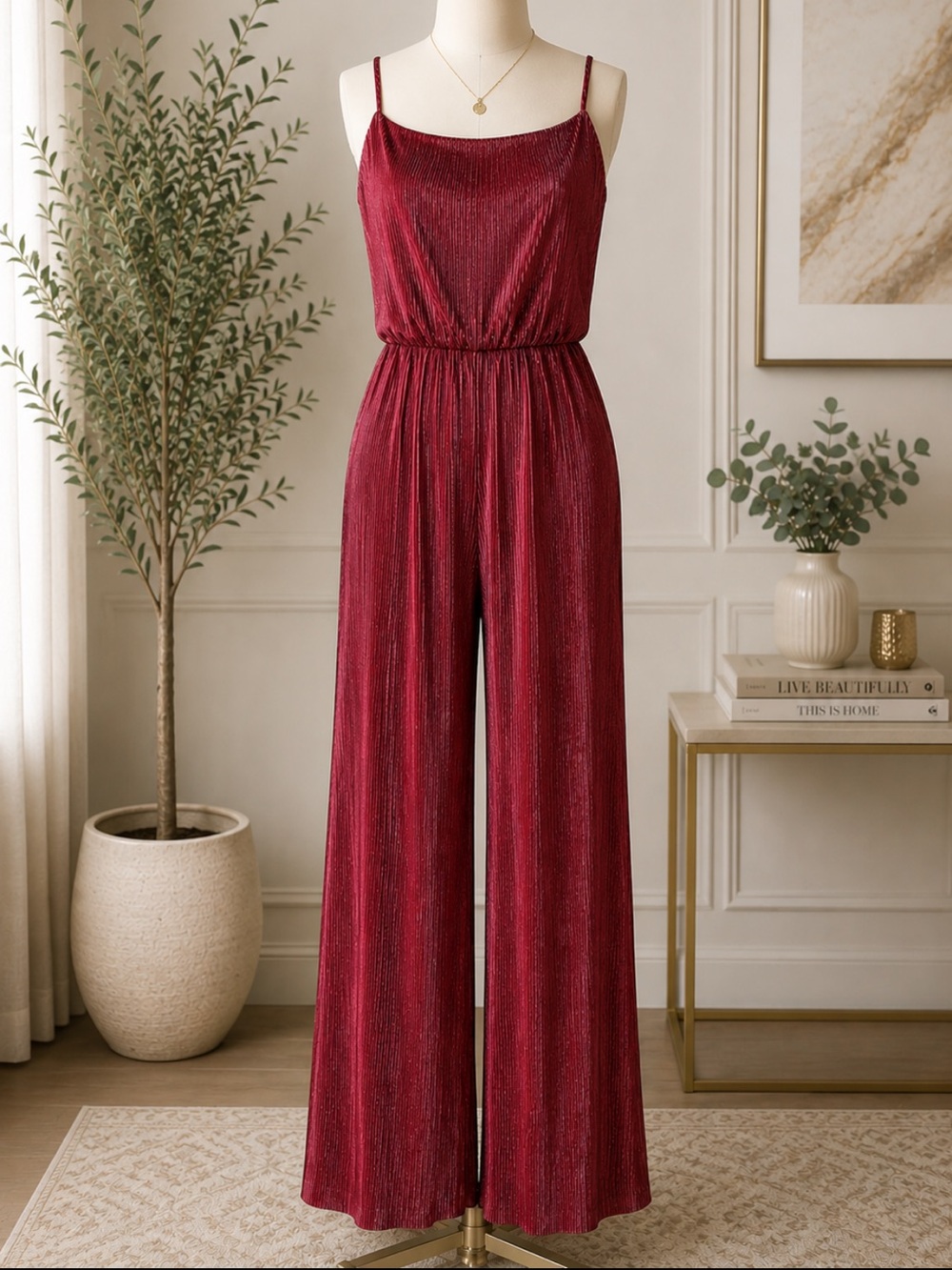 Forever 21 Wine Red Sleeveless Wide-Leg Jumpsuit